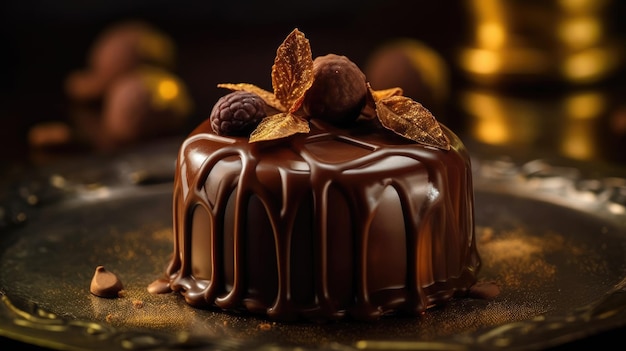 A chocolate cake with chocolate and nuts on a table.