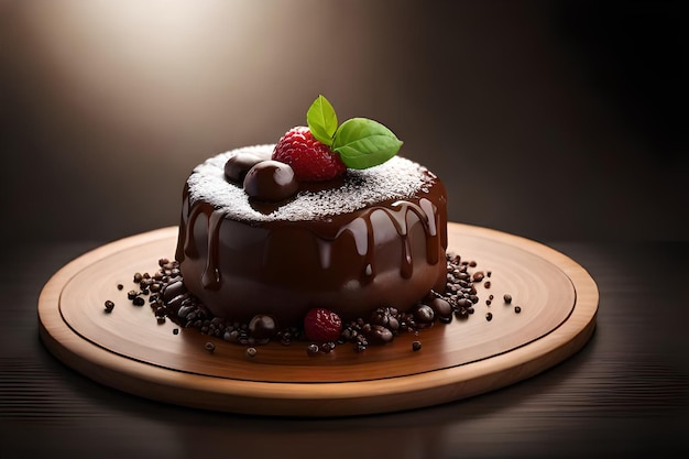 A chocolate cake with chocolate and raspberries on top