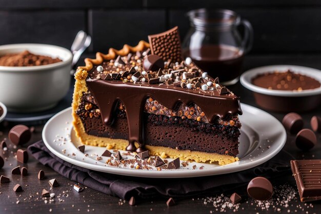 Chocolate cake with chocolate sprinkles on black background