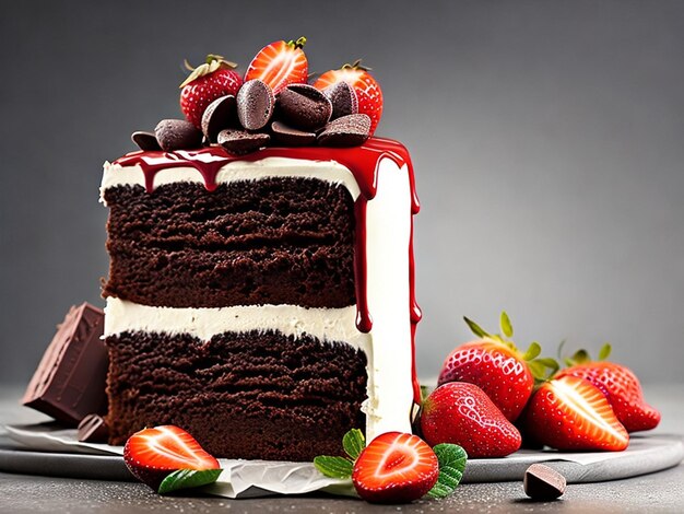 A chocolate cake with chocolate and strawberries on top of it.