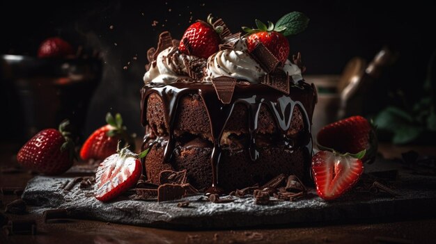 A chocolate cake with chocolate and strawberries and whipped cream being poured over it.