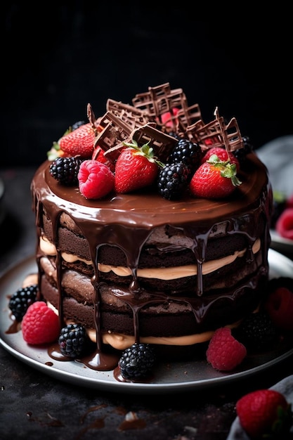 a chocolate cake with chocolate syrup and berries on top.