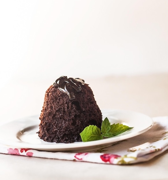 Chocolate cake with chocolate syrup with mint leaves on a white plate
