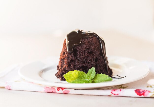 Chocolate cake with chocolate syrup with mint leaves on a white plate