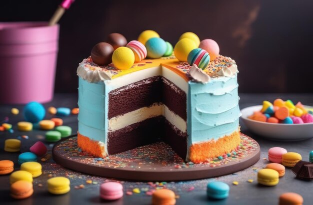 Chocolate cake with colorful candies and macarons on a table Birthday cake
