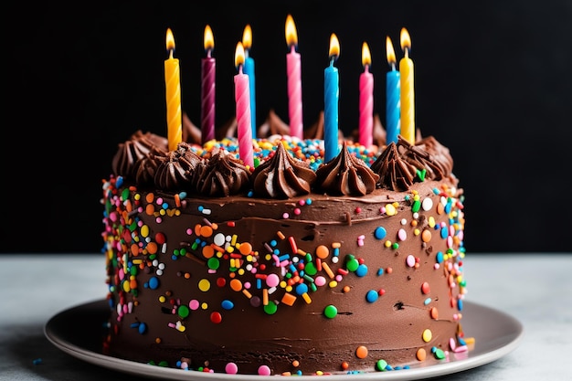 A chocolate cake with colorful candles on it