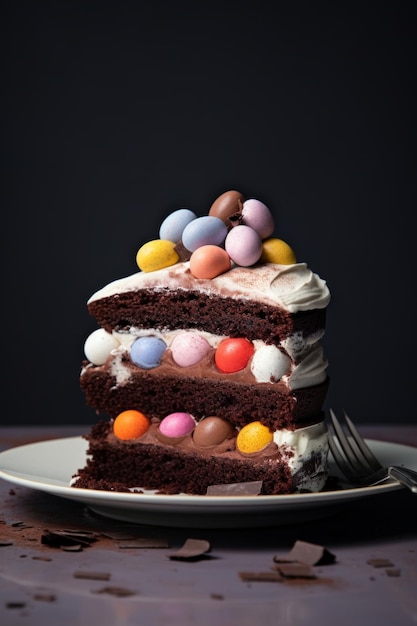 chocolate cake with colorful eggs and frosting on a plate