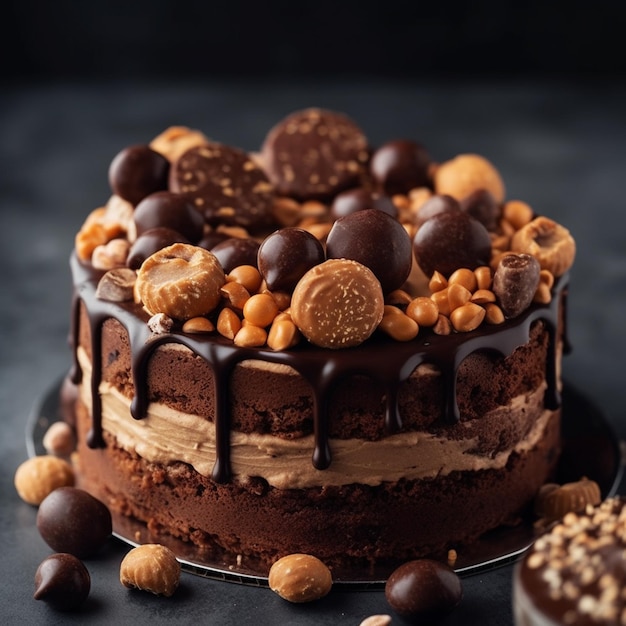 A chocolate cake with cookies and chocolate on a white background