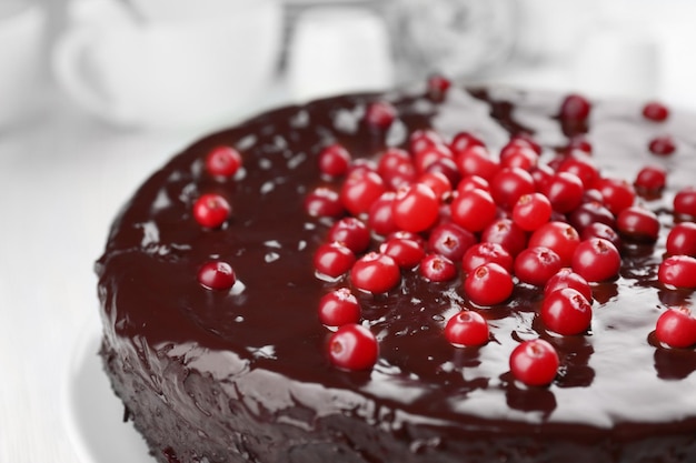 Chocolate cake with cranberries on plate closeup