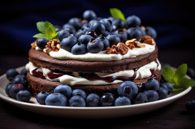 Chocolate cake with cream and blueberries on a plate Cake cut with filling