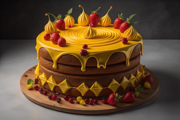 Шоколадный торт с кремом на твердом цветном фоне Toned ai generative