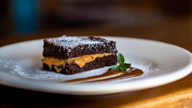 Chocolate cake with creams on a white plate