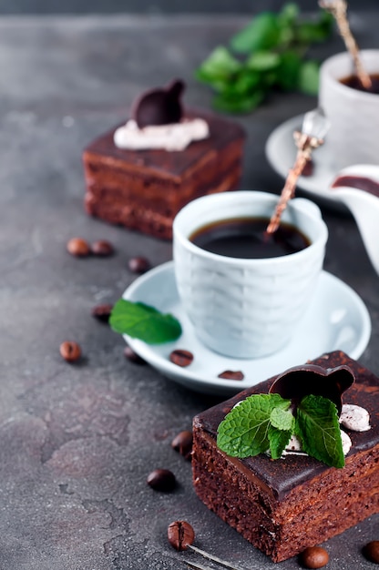 Chocolate cake with a cup of coffee