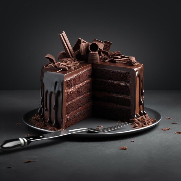 Chocolate cake with a cut piece and blade