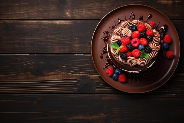 Chocolate cake with fresh berries on plate on wooden table