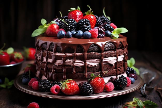 Chocolate cake with fresh berries on plate on wooden table