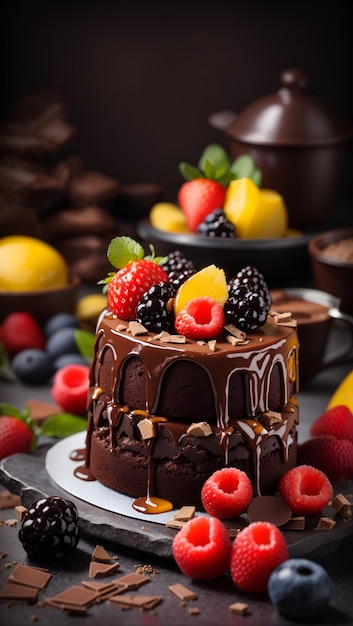 Chocolate cake with fresh fruits