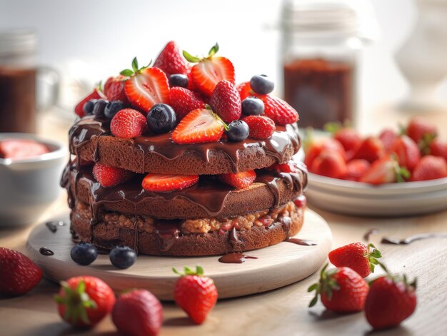 Chocolate cake with fresh strawberries Generative AI