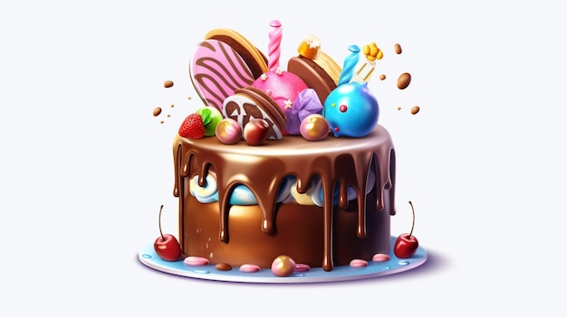 a chocolate cake with frosting and decorations cartoonGenerative AI