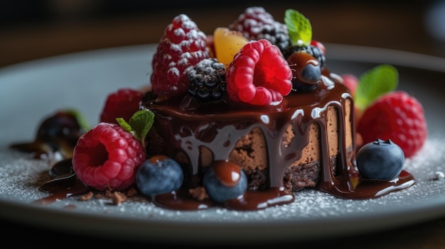 A chocolate cake with fruit toppings