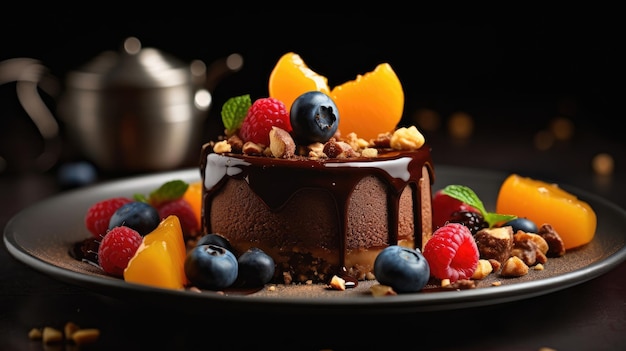 A chocolate cake with fruits