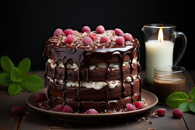 ガナッシュ ラズベリーと色付きのキャンドルのチョコレート ケーキ ジェネレーティブ IA