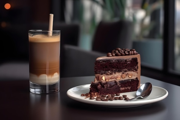 шоколадный торт со стеклянной чашкой кофе на столике в кафе. Нейронная сеть, сгенерированная в мае 2023 года. Не основана на какой-либо реальной сцене или образце.
