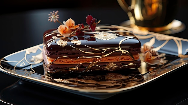 a chocolate cake with a gold leaf on the top.