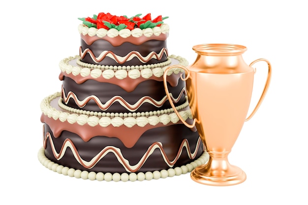 Chocolate Cake with gold trophy cup award 3D rendering