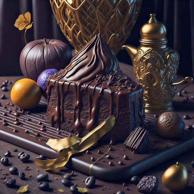 A chocolate cake with a golden decoration on the table.