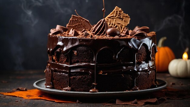 ハロウィーンの装飾と背景を持つチョコレートケーキ