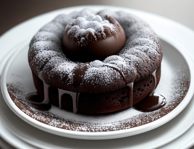 Chocolate cake with icing sugar on a white plate closeup