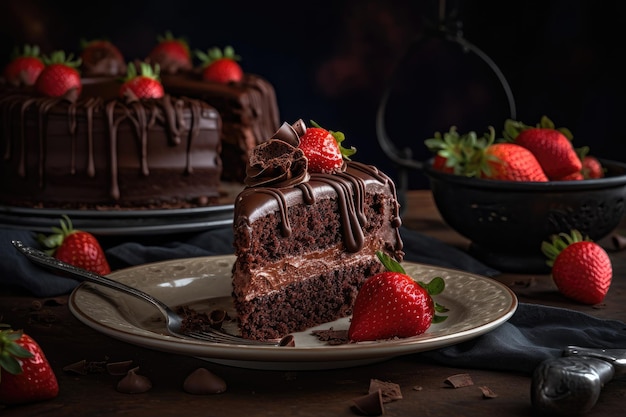 Chocolate cake with juicy strawberries and zest generative IA