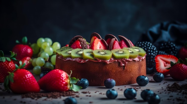 Шоколадный торт с киви, клубникой, виноградом и черникой Generative AI