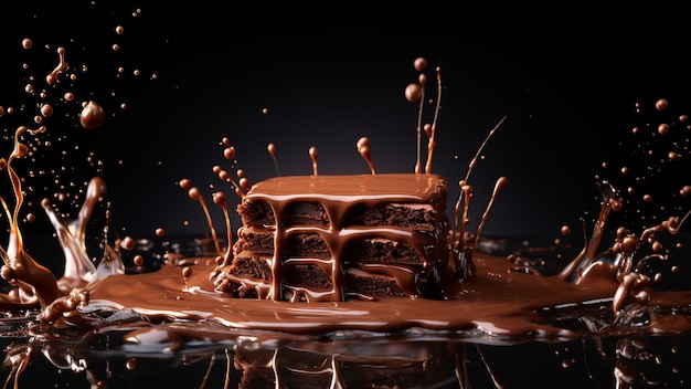 chocolate cake with layer and melted chocolate splash on dark background generative AI