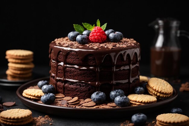 Photo chocolate cake with liquid chocolate coating decorated with biscuits and blueberries on a black background ai generative