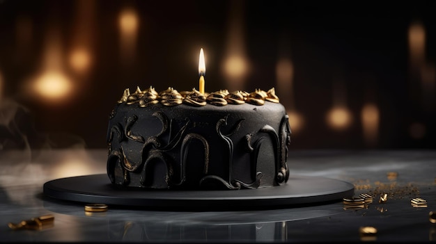 A chocolate cake with a lit candle on top of it.