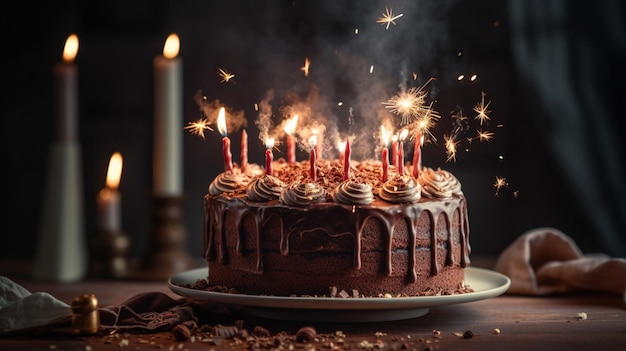 A chocolate cake with lit candles is lit with sparklers.