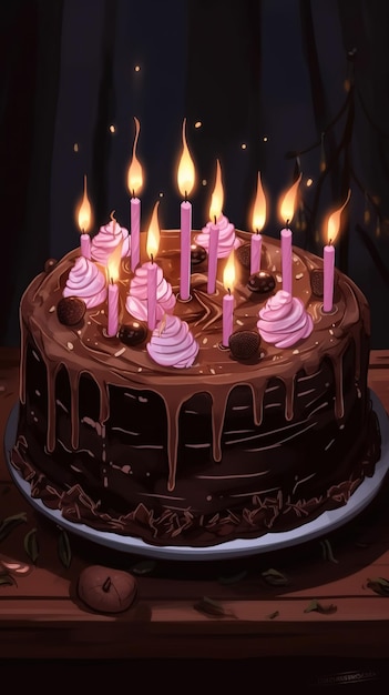 A chocolate cake with lit candles is on a plate.