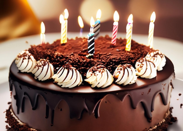 A chocolate cake with a lit candles