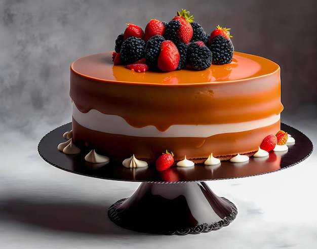 A chocolate cake with a lot of berries on it