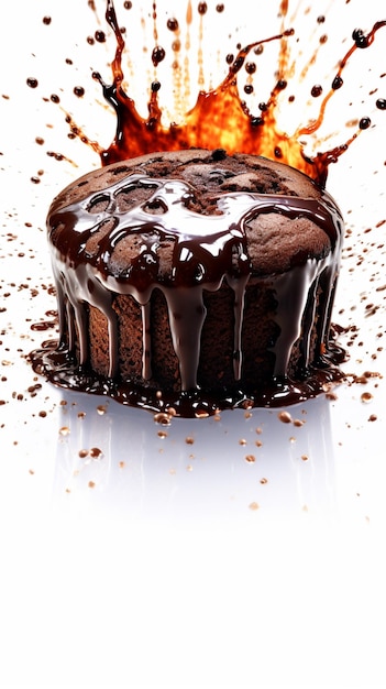 Photo chocolate cake with melted chocolate sauce and splashing on top generative ai