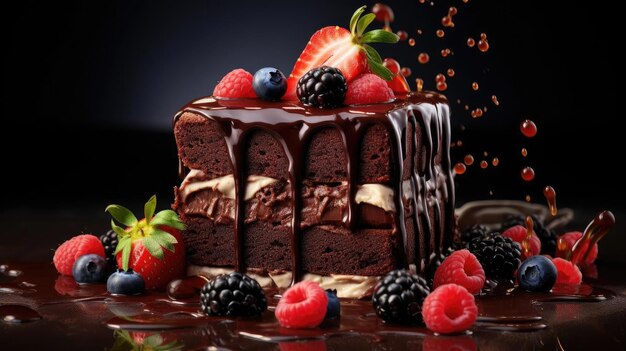 chocolate cake with melted sweet chocolate and pieces of fruit on a plate with a blurred background