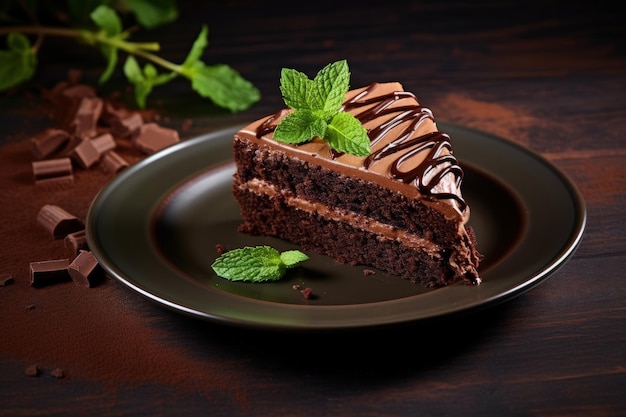 Chocolate cake with mint leaves from above