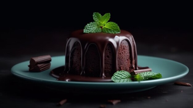 A chocolate cake with mint leaves on a plate