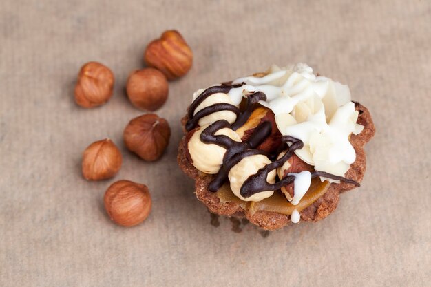 Chocolate cake with nougat and roasted hazelnuts