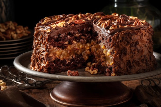 A chocolate cake with pecan pie filling on a cake stand.