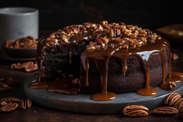 A chocolate cake with pecan pieces on top and a cup of coffee behind it