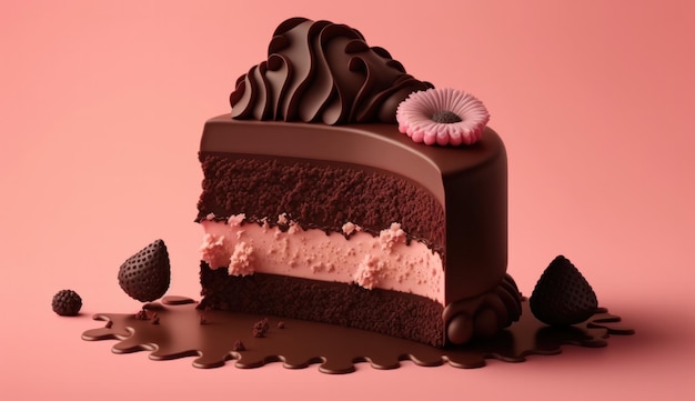 A chocolate cake with a pink background and the word chocolate on the top.