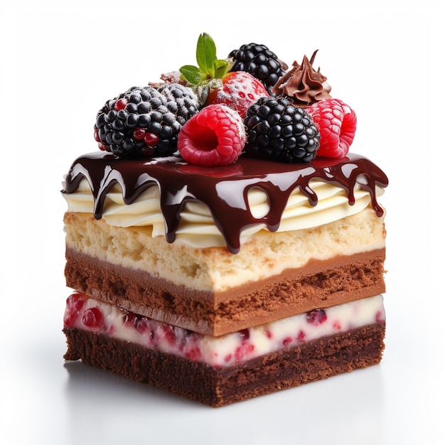 Photo chocolate cake with raspberries and blackberries on white background